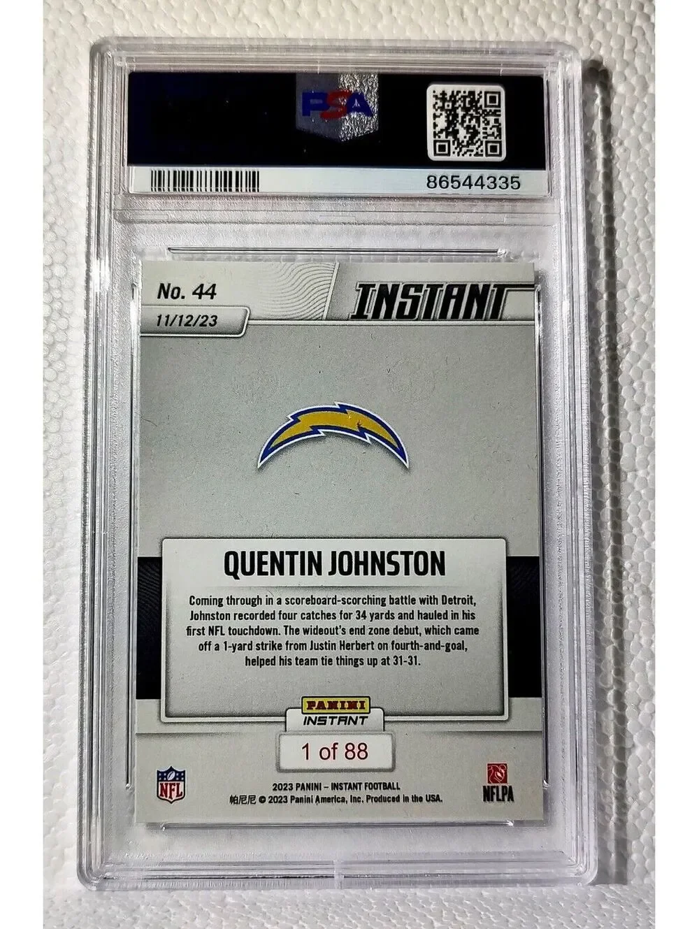 Quentin Johnston 2023 Panini NFL Rookie #44 Card 1 of 88 Chargers PSA 9 Mint